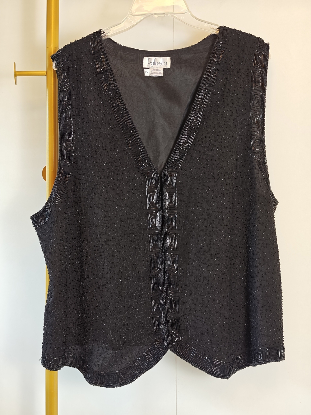 Vintage Witchy Black Embroidered Beaded V-Neck Silk Vest Whimsigoth 1X
